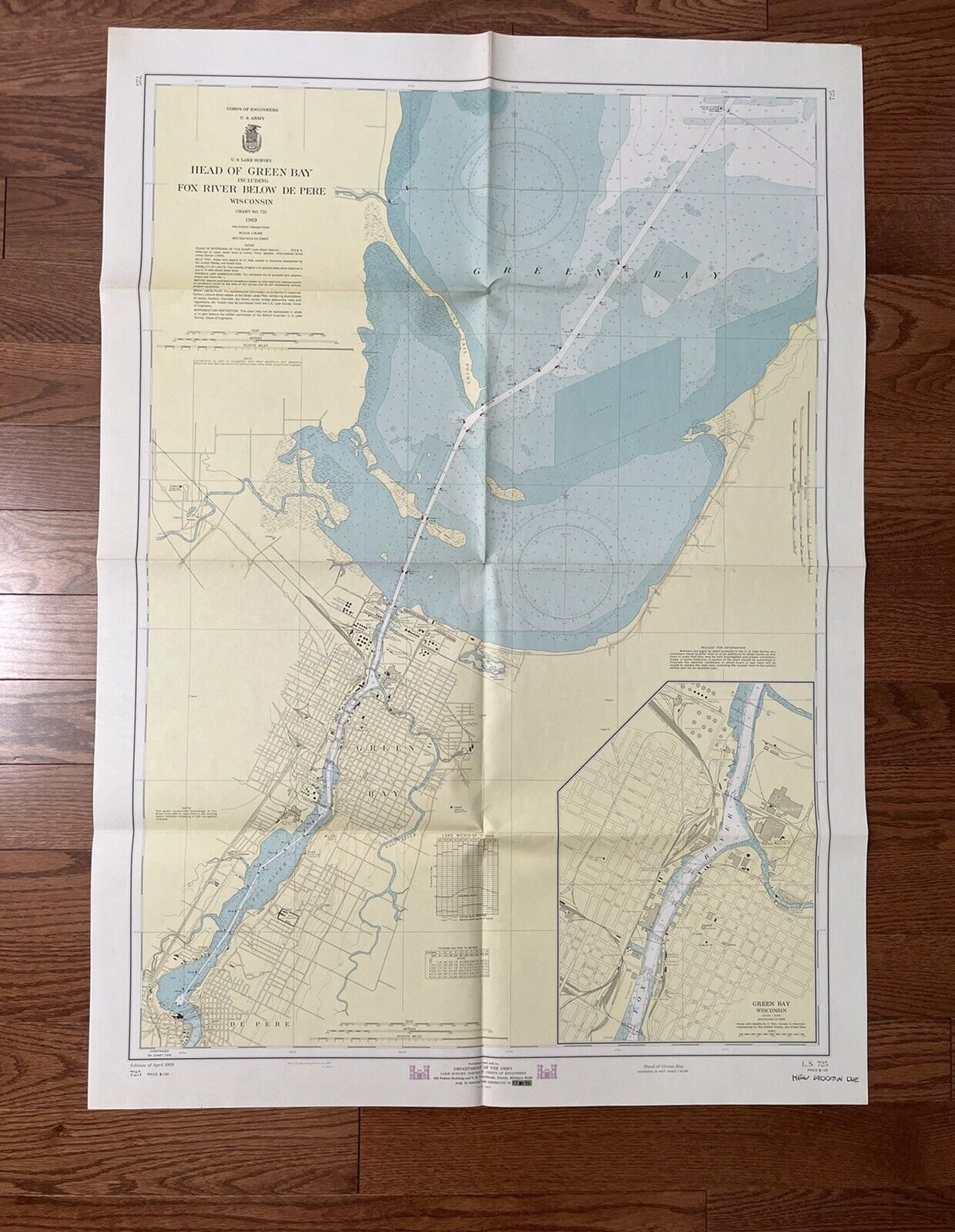 Vintage 1969 Head Of Green Bay Nautical Chart Map - 30”x 42”